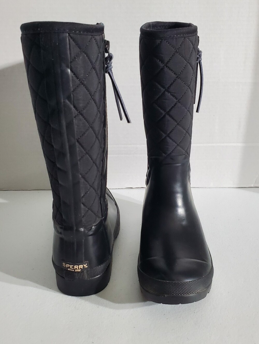 Sperry Black Quilted Zipper Rain Boots for Women Sz 7